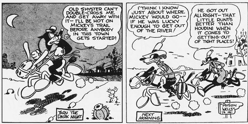 anthro bowler_hat cactus cigar clothed clothing coat cowboy_hat day dialogue eyewear feet female feral fingers floppy_ears fur glasses gloves group gun handwear hardie hat headgear headwear moon night plant quadruped ranged_weapon smoking text toes top_hat topwear weapon floyd_gottfredson disney public_domain pegleg_pete pete_(disney) sylvester_shyster canid canine canis domestic_cat domestic_dog equid equine felid feline felis horse mammal 1930 20th_century absurd_res ancient_art black_and_white comic dated english_text hi_res long_image monochrome signature wide_image