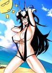 areola areola_slip beach big_breasts bikini bodily_fluids breasts clothing eyewear female glasses horn nipples not_furry one-piece_swimsuit seaside sling_bikini solo sweat swimwear two-piece_swimsuit eu03 horned_humanoid humanoid hi_res