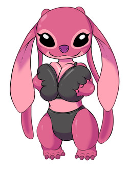 4_toes antennae_(anatomy) anthro big_breasts biped black_bra black_clothing black_eyes black_underwear bra breast_fondling breast_markings breast_play breast_squish breasts claws clothing ears_down feet female fondling front_view hand_on_breast long_antennae long_ears markings pink_body pivoted_ears purple_claws purple_nose purple_toe_claws self_fondle simple_background smile solo squish standing thick_thighs toe_claws toes underwear white_background raffie0418 disney lilo_and_stitch angel_(lilo_and_stitch) alien experiment_(lilo_and_stitch) 2026 digital_drawing_(artwork) digital_media_(artwork) english_description hi_res