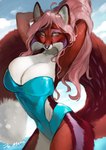 amber_eyes anthro big_breasts biped black_nose blue_clothing blue_swimwear breasts canid canine canis cleavage clothed clothing digital_media_(artwork) elena_(kokopuff) english_text eyebrows eyelashes female fox fur hair hands_behind_head hi_res inner_ear_fluff juliathedragoncat long_hair long_tail looking_away mammal outside pink_body pink_fur pink_hair pose raised_arm red_body red_fox red_fur signature sky skyscape solo summertime swimwear tail text true_fox tuft whiskers white_body white_fur white_inner_ear_fluff