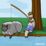 ambiguous_gender anthro clothed clothing duo emanata feral fishing_rod male outside topless water orbitalis bovid caprine domestic_ferret mammal mustelid musteline true_musteline weasel 1:1 hi_res