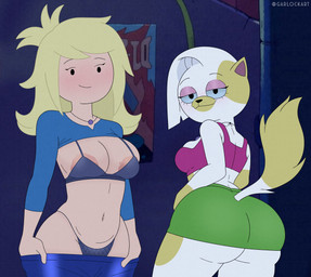 anthro areola areola_slip bedroom_eyes big_breasts big_butt big_eyes black_nose blonde_hair blotchy_areola blue_sclera bottomwear bottomwear_pull bra breasts bulging_breasts bulging_butt butt city city_background cleavage cleavage_overflow clothed clothing clothing_pull crop_top curvy_figure detailed_background duo eyebrows eyelashes eyeshadow facial_markings female female_anthro female_human fingers flashing fluffy fluffy_tail fur hair head_markings jewelry light_body light_skin long_hair long_sleeve_shirt looking_at_viewer looking_back looking_back_at_viewer makeup markings midriff miniskirt multicolored_body multicolored_fur muzzle_(marking) narrowed_eyes navel necklace partially_clothed pink_areola pointy_ears presenting raised_clothing raised_eyebrows raised_shirt raised_topwear seductive shirt simple_eyes skirt skirt_pull smile smiling_at_viewer snout standing tail text thick_thighs thong topwear twitter_handle two_tone_body two_tone_fur two_tone_tail underbutt underwear voluptuous white_body white_fur white_hair wide_hips garlockart adventure_time cartoon_network fionna_and_cake fionna_and_cake_(franchise) cake_the_cat fionna_the_human calico_cat domestic_cat felid feline felis human mammal 2025 absurd_res artist_name hi_res