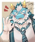 2024 5:6 anthro blue_body blush dragon eyebrows facial_hair gesture hair hand_gesture hi_res horn kt0414143919 lifewonders male mature_male musclegut muscular mythological_creature mythological_scalie mythology necktie ok_sign qinglong_(tas) scalie solo thick_eyebrows tokyo_afterschool_summoners white_hair yellow_eyes