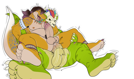 abstract_background accessory ahegao anal anal_penetration anthro anthro_on_anthro anthro_penetrated anthro_penetrating anthro_penetrating_anthro anus aroused athletic athletic_anthro athletic_male balls bareback belly biped black_pubes black_sclera blue_spots bodily_fluids bone bone_mask brown_hair butt claws collar dominant dominant_anthro dominant_male dripping duo erection feet foreskin fucked_silly genital_fluids genitals glans green_body green_eyes green_markings green_spots hair highlights_(coloring) humanoid_feet humanoid_genitalia humanoid_hands humanoid_penis looking_pleasured male male/male male_penetrated male_penetrating male_penetrating_male markings mask motion_lines multicolored_hair multicolored_penis narrowed_eyes nipples nude nude_anthro nude_male on_bottom on_top orange_nipples pecs penetration penile penile_penetration penis penis_in_ass pink_anus pink_claws pink_glans pink_hair pink_highlights plantigrade precum precum_drip pubes pupils retracted_foreskin sex simple_background sitting sitting_on_another skull skull_mask slightly_chubby slightly_chubby_anthro slightly_chubby_male slit_pupils soles spots submissive submissive_anthro submissive_male tail tan_balls tan_penis tan_soles teeth text thrusting tongue two_tone_penis vein veiny_penis white_background yellow_body yellow_eyes seyrmo terraria ciro_scales_(character) witch_doctor_(terraria) eublepharid gecko leopard_gecko lihzahrd lizard reptile scalie 2026 absurd_res artist_name colored digital_drawing_(artwork) digital_media_(artwork) english_text hi_res signature