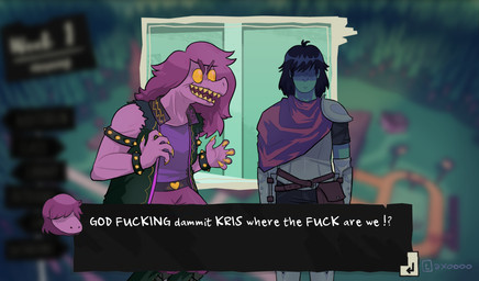 angry anthro armband armor bracelet claws clothed clothing dialogue duo female hair humor jewelry male obscured_eyes parody profanity purple_hair screencap screencap_background sharp_teeth spiked_armband spiked_bracelet spikes teeth text text_box axoooo deltarune kris_where_are_we monster_prom_(series) undertale_(series) kris_dreemurr susie_(deltarune) dinosaur human mammal prehistoric_species reptile scalie 2021 english_text meme signature