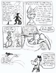 anthro bottomless clothed clothing dialogue dipstick_ears ear_markings eyewear female glasses group male markings mole_(marking) multicolored_ears nude open_mouth pouch_(anatomy) shirt shrinking size_transformation text topwear transformation vest wide_crotch flinters duncan_roo flinters_(character) kangaroo macropod mammal marsupial comic english_text monochrome