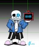 alarm_clock anterior_nasal_aperture blue_eyes bone bottomwear clock clothing footwear glowing glowing_eyes grey_background heart_symbol jacket looking_at_viewer not_furry pushbutton shirt shoes shorts simple_background skeleton skull slippers smile solo teeth text topwear atticuskotch undertale undertale_(series) sans_(undertale) animated_skeleton humanoid undead 2016 english_text hi_res signature