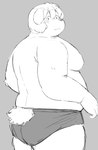 anthro belly black_briefs black_clothing black_underwear blush briefs butt clothing grey_background humanoid_hands kemono male moobs overweight overweight_male simple_background solo text underwear sv_grart bina_(sv_grart) canid canine canis domestic_dog mammal 2021 monochrome translation_request