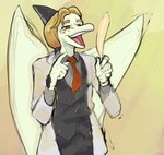 anthro blonde_hair cavemanon_studios clothed clothing dinosaur feathers freckles hair hi_res i_wani_hug_that_gator iadakan latchk3y long_hair male necktie open_mouth pterodactylus pterosaur red_eyes reptile scalie solo standing tied_hair wings
