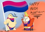 anthro belly biped bisexual_pride_colors bulge detailed_bulge duo eyes_closed flag flag_(object) happy kerchief lgbt_pride male male_anthro pride_color_flag pride_colors proud simple_background slightly_chubby slightly_chubby_male text henrique_rick lgbt_pride_month nintendo pokemon bilon bimbo_(henrique_rick) fan_character cyndaquil fuecoco generation_2_pokemon generation_9_pokemon pokemon_(species) english_text