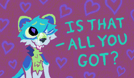 anthro black_nose blue_body blue_fur bodily_fluids closed_smile cum cum_on_eye cum_on_face cum_on_tongue dialogue fur genital_fluids green_body green_fur heart_symbol male male_anthro mouth_closed multicolored_body multicolored_fur one_eye_closed purple_background simple_background smile solo teal_text text tongue tongue_out toony demensa mammal mustelid musteline stoat true_musteline weasel 2026 digital_media_(artwork) english_text half-length_portrait hi_res pixel_(artwork) portrait