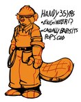 3_toes alternate_universe anthro armor beaver beaver_tail bottomwear buckteeth clothing construction_worker feet footwear fur handy_(htf) happy_tree_friends hard_hat headgear heart_nose heart_symbol helmet hi_res male mammal orange_body orange_eyes orange_fur overalls pants prosthetic prosthetic_hand ratty0poss rodent scar serious serious_face shirt shoes simple_background solo standing stern_look teeth text toeless_footwear toeless_shoes toes topwear white_background