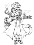 alchemist anthro breasts cleavage clothed clothing duster_coat fangs female flask footwear forked_tongue furgonomics gloves handwear non-mammal_breasts sandals scarf shoes smile smirk snake_hood solo teeth tongue guoh reptile scalie snake black_and_white digital_drawing_(artwork) digital_media_(artwork) hi_res monochrome