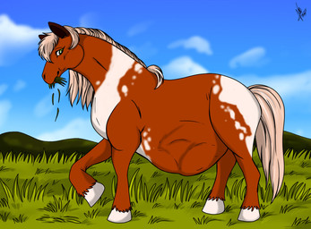 after_vore ambiguous_gender belly big_belly brown_belly brown_body brown_legs duo eating_grass feral feral_pred grass hair hooves plant sky tail vore white_hair white_hooves white_tail unknown_artist equid equine horse mammal