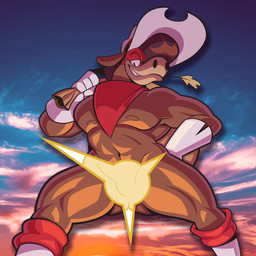 anthro bag boots bottomless brown_body butt butt_from_the_front clothed clothing cloud cowboy_hat featureless_crotch footwear gloves grin hair half-closed_eyes handwear hat headgear headwear holding_object kerchief male mostly_nude muscular muscular_male narrowed_eyes nipples pecs scarf shoes sky skyscape smile solo topless ducknpluck holester equid equine mammal 1:1 censored hi_res