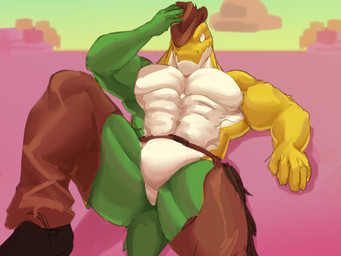 5_fingers abs adjusting_hat anthro belt black_clothing black_footwear black_shoes blush bottomwear candy chaps clothed clothing cowboy_hat crotchless_bottomwear crotchless_clothing dessert empty_eyes featureless_crotch fingers food footwear green_body hat headgear headwear male muscular muscular_anthro muscular_male muscular_thighs navel pecs shoes solo tail topless topless_anthro topless_male white_body yellow_body leons glitch_productions the_amazing_digital_circus gummigoo_(tadc) crocodile crocodilian food_creature living_candy reptile scalie 4:3 digital_media_(artwork) hi_res