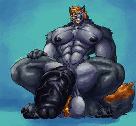 anthro balls big_penis black_nipples black_penis blonde_hair fur genitals glans grey_body grey_eyes grey_fur hair huge_penis humanoid_genitalia humanoid_penis hybrid_genitalia hybrid_penis hyper hyper_genitalia hyper_penis male medial_ring medial_ringed_humanoid_penis medial_ringed_hybrid_penis muscular muscular_anthro muscular_male nipples penis simple_background smile solo yellow_nose limbo6_6 canid canine canis domestic_dog mammal absurd_res hi_res