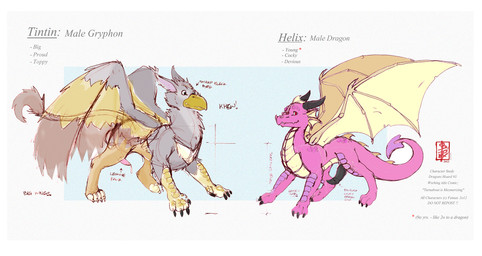 animal_genitalia animal_penis balls beak black_penis bodily_fluids border claws digital_sketch duo ears_back erection feline_genitalia feline_penis feral genital_fluids genitals happy helix_(fennec) knot looking_at_viewer male markings non-mammal_balls penis pivoted_ears precum purple_body purple_scales scales side_view simple_background smile standing tail teeth text tintin_(fennec) white_background white_border fennec_(artist) european_mythology mythology avian dragon felid gryphon mammal mythological_avian mythological_creature mythological_scalie pantherine scalie western_dragon english_text hi_res model_sheet