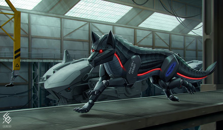 ambiguous_feral ambiguous_gender black_body black_claws black_nose blue_markings claws feral glowing glowing_eyes grey_body inside logo markings mouth_closed red_eyes red_markings running side_view solo text white_markings cereus93 canid canine mammal robot_feral artist_logo artist_name hi_res