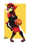 anthro ball basket basketball basketball_(ball) basketball_uniform big_breasts black_eyes breasts clothing container female muscular red_body shirt simple_background solo sportswear topwear uniform venezuela reymonrr avian bird cardinal_(bird) oscine passerine absurd_res hi_res