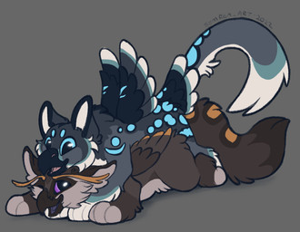 beak black_outline blue_eyes blue_markings brown_body chibi duo feathered_wings feathers feet grey_background grey_body markings on_top outline playful purple_eyes simple_background tail toeless_(marking) wings symrea mythology asmodius_the_gryphon azure_the_gryphon avian gryphon mythological_avian mythological_creature 2022 digital_media_(artwork) flat_colors full-length_portrait portrait signature maleherm_(lore)