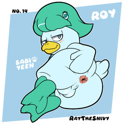 anthro anus balls beak big_butt blush butt feathers feral genitals hair half-closed_eyes hand_on_butt looking_at_viewer lying male narrowed_eyes presenting presenting_balls presenting_hindquarters scarf seductive simple_background smile solo spread_anus spread_butt spreading tail thick_thighs woofington_gator nintendo pokemon fan_character roy_the_quaxly anatid anseriform avian bird duck generation_9_pokemon pokemon_(species) quaxly 1:1 digital_media_(artwork) hi_res