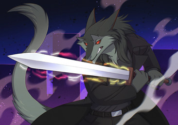 anthro bared_teeth clenched_teeth clothing looking_aside magic male melee_weapon solo sword tail teeth urban weapon re-re sergal hi_res
