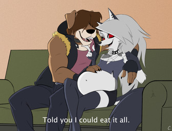 anthro belly big_belly bloated duo female hand_on_belly male male/female sitting stuffing convexpert hellaverse helluva_boss mythology loona_(helluva_boss) canid canid_demon canine demon hellhound mammal mythological_canine mythological_creature 2025 hi_res