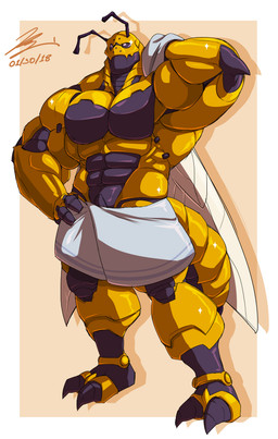 abs anthro black_body black_sclera feet male muscular pecs simple_background solo tan_background towel yellow_body yongdasom ivan_(diarmaidhutchence) arthropod bee hymenopteran insect