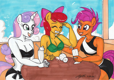 accessory anthro bare_shoulders beverage bikini black_bikini black_clothing black_swimwear bow_ribbon breasts cleavage clenched_teeth clothed clothing cloud drinking_straw eyes_closed female fur furniture green_bikini green_clothing green_eyes green_swimwear group hair hair_accessory hair_bow hair_ribbon headache horn milkshake multicolored_hair open_mouth open_smile orange_body orange_fur outside pink_hair purple_eyes purple_hair red_hair ribbons sitting sky smile spilled_drink strapless_bikini strapless_clothing strapless_swimwear swimwear table teeth trio two-piece_swimsuit two_tone_hair white_body white_fur yellow_body yellow_fur newyorkx3 friendship_is_magic hasbro my_little_pony mythology apple_bloom_(mlp) scootaloo_(mlp) sweetie_belle_(mlp) equid equine horse mammal mythological_creature mythological_equine pony unicorn 2024 dated hi_res signature traditional_media_(artwork)