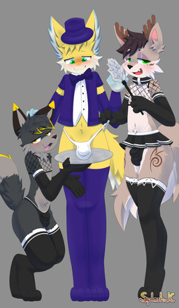 anthro antlers black_body black_fur blush bulge clothing fur fur_markings grey_body grey_fur group horn legwear maid_uniform male markings panties serving_bulge serving_tray stockings thigh_highs trio underwear uniform wings yellow_body yellow_fur splashjc foxyowo lazywulf mortal47 avian bat bird canid canine canis deer fox mammal wolf absurd_res hi_res