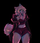 anthro belt black_background blonde_hair blue_eyes bottomwear breasts cleavage clothed clothing coat ear_piercing eyewear female fur glasses hair long_hair looking_aside looking_away midriff navel piercing shirt shorts simple_background solo standing tank_top topwear anakoluth aska_(anakoluth) canid canine canis domestic_dog mammal digital_media_(artwork) hi_res shaded