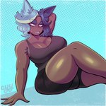 armpit_hair blue_background blue_hair body_hair bottomwear breasts bulge cleavage clothed clothing dark_body dark_skin gynomorph hair intersex multicolored_hair shorts simple_background sitting solo two_tone_hair cyynapse foxtrot_(glacierclear) blue_moon_(glacierclear) animal_humanoid canid canid_humanoid canine canine_humanoid fox_humanoid humanoid mammal mammal_humanoid 1:1 2022 hi_res trans_(lore) trans_woman_(lore)