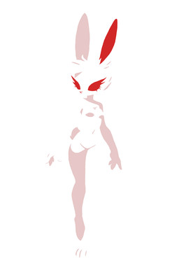 anthro breasts eyelashes featureless_breasts featureless_crotch female fur hair long_eyelashes navel nude red_eyes scut_tail short_tail simple_background small_breasts solo tail walking_towards_viewer white_body white_fur white_hair anonymous_artist lagomorph mammal hi_res restricted_palette shaded simple_shading