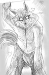 anthro bulge claws clothing detailed_bulge fursuit_head genital_outline growling heart_symbol jacket looking_at_viewer male penis_outline sagging_pants solo tail tail_motion tailwag topwear babyaren aren_ace_armmen canid canine canis mammal wolf monochrome sketch