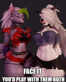 anthro breasts clothed clothing duo ear_piercing female fur hair half-closed_eyes happy looking_at_viewer machine narrowed_eyes navel nipples piercing red_sclera seductive simple_background text thick_thighs topwear torn_clothing white_body white_fur wide_hips anaroth dogzeela_(modeler) mayosplash_(modeler) five_nights_at_freddy's five_nights_at_freddy's:_security_breach hellaverse helluva_boss mythology scottgames steel_wool_studios loona_(helluva_boss) roxanne_wolf canid canid_demon canine canis demon hellhound mammal mythological_canine mythological_creature robot wolf 2025 3d_(artwork) crossover digital_media_(artwork) english_text meme