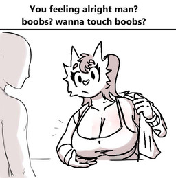 anthro big_breasts black_text bra breasts clothing duo female hair heart_nose heart_symbol jacket ponytail presenting presenting_breasts solo_focus text topwear underwear gamegalds boobs?_wanna_touch_boobs? lilah_(gamegalds) felid feline human mammal digital_media_(artwork) english_text meme monochrome sketch