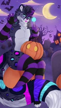 anthro blue_eyes blue_markings candy cemetery clothing dessert femboy food fruit fur grey_body grey_fur holidays legwear lollipop male markings moon plant pumpkin purple_markings solo stockings tail mosscatto halloween sirius_tau ambient_bat clouded_leopard felid mammal pantherine 9:16 absurd_res hi_res
