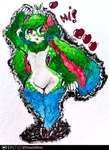 anthro blush chest_tuft female fluffy fluffy_ear fluffy_tail freckled_chest freckled_face freckles fur fur_collar green_body green_fur green_hair hair horizontal_pupils horn pupils tail teal_body teal_eyes teal_fur teal_hair teal_skin thick_thighs tuft white_body white_skin sheebibites sheebi bovid caprine lagomorph leporid mammal rabbit sheep absurd_res hi_res traditional_media_(artwork)