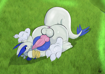 3_toes animal_genitalia animal_penis anus arm_wraps ass_up balls blue_body blue_countershading butt claws countershading erection feet feet_up feral flesh_fang folded genitals glistening glistening_butt glistening_knot grass grey_kerchief grey_neckerchief hand_on_ground high-angle_view kerchief knot knotted_penis knotted_tapering_penis looking_back lying lying_on_grass male male_feral neckerchief neckwear on_back on_grass on_ground paws penis pink_anus pink_penis plant semi-anthro soles solo tail tapering_penis text three-quarter_view toe_claws toes urethra white_balls white_body white_toe_claws wraps dez_(artist) nintendo pokemon dez_(rcar) generation_2_pokemon legendary_pokemon lugia pokemon_(species) 2025 artist_name hi_res signature