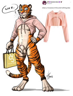 animal_genitalia anthro athletic athletic_anthro athletic_male balls blue_eyes bottomless cheek_tuft clothed clothing dipstick_tail eyewear facial_markings facial_tuft front_view fur genitals glasses glistening glistening_eyes hand_on_hip head_markings head_tuft holding_bag looking_at_viewer male male_anthro markings orange_body orange_fur penis penis_tip pink_clothing pink_nose pink_topwear rectangular_glasses sheath smile solo standing striped_arms striped_body striped_face striped_fur striped_legs stripes tail tail_markings text topwear tuft whiskers white_balls white_body white_fur white_sheath hufnaar hufnaar_(character) felid mammal pantherine tiger 2018 dated english_text full-length_portrait hi_res portrait
