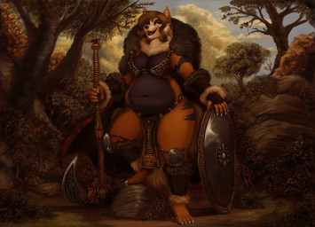 4_toes 5_fingers accessory anthro armor barefoot belly biped black_lips black_nose bottomwear bra breasts brown_body brown_fur brown_hair claws clothing detailed_background eyebrows feet female fingerless_gloves fingers forest front_view fur garter gloves grass green_eyes hair handwear holding_object holding_weapon lips loincloth looking_at_viewer metal multicolored_body multicolored_fur nature navel open_mouth orange_body orange_fur outside overweight overweight_anthro overweight_female plant pokemorph pose shield sky smile solo standing thick_thighs toe_claws toes tree two_tone_body two_tone_fur underwear warrior weapon white_claws wide_hips wood da_polar_inc nintendo pokemon lady_arcanine arcanine canid canine generation_1_pokemon mammal pokemon_(species) 2014 detailed digital_media_(artwork) digital_painting_(artwork) full-length_portrait hi_res painting_(artwork) pinup portrait