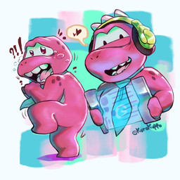 accessory anthro biped blush bodily_fluids crying electronics exclamation_point headphones heart_symbol male necktie open_mouth pink_body question_mark scared slightly_chubby solo standing tablet_computer tears kurokuppo gameoverse glitch_productions gobbles_(gameoverse) dinosaur prehistoric_species reptile scalie 1:1 2026 hi_res