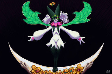 black_body black_fur cape clothing dark_clothing facewear flower fur green_body green_cape green_clothing green_fur green_hair hair light_clothing mask pawpads pink_clothing pink_pawpads plant halfbaked-hope nintendo pokemon generation_9_pokemon meowscarada pokemon_(species) 2024 absurd_res hi_res signature