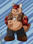 2024 3:4 anthro armadillo belly bottomwear brok_the_investigator brown_body brown_fur clothing cowcat_games fur hat headgear headwear hi_res male mammal matt_(brok_the_investigator) overweight overweight_male pants simple_background smile solo vleid_naomon xenarthran