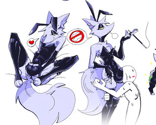 5_fingers anthro armwear black_armwear black_clothing black_legwear black_leotard blush bodily_fluids bulge bulge_in_face bulge_on_face bunny_costume cigarette cigarette_holder clothing costume detailed_bulge duo fake_ears fake_rabbit_ears femboy fingers fluffy fluffy_tail fur half-closed_eyes head_tuft heart_symbol inner_ear_fluff latex latex_armwear latex_clothing latex_legwear latex_leotard legwear leotard male narrowed_eyes simple_background smile smoking standing sweat sweaty_body tail tuft white_background white_body white_fur xexeezy anon saint_(xexeezy) canid canine fox humanoid mammal 2025 digital_media_(artwork)
