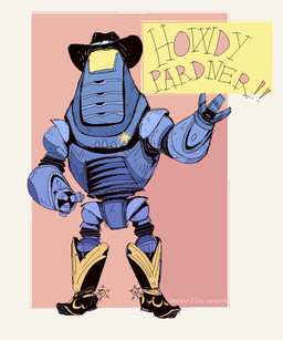 abstract_background ambiguous_gender boots clothing cowboy_boots cowboy_hat footwear gesture hat headgear headwear machine new_vegas not_furry sheriff_badge shoes simple_background solo spurs standing text waving waving_at_viewer wearing_boots wearing_hat leona-florianova fallout microsoft primm_slim_(fallout) humanoid protectron_(fallout) robot 5:6 english_text