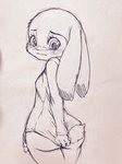 anthro big_butt blush breasts butt clothed clothing covering covering_butt ears_down embarrassed female fur looking_back looking_down panties partially_clothed pivoted_ears pulling_shirt_down rear_view shirt simple_background small_breasts solo topwear underwear white_background wide_hips dogear218 disney zootopia judy_hopps lagomorph leporid mammal rabbit 3:4 black_and_white monochrome sketch