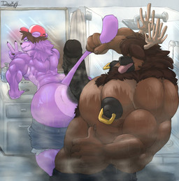 abs anthro antlers balls bathroom belly big_balls big_penis bodily_fluids brown_body brown_fur brown_hair butt clothing duo fur genitals gesture hair hand_gesture hat headgear headwear horn huge_balls huge_penis male muscular muscular_anthro muscular_male musk musky_penis nipple_piercing nipples pecs penis piercing purple_body purple_fur shower_room size_difference sweat sweatdrop sweaty_body sweaty_butt tail tail_grab tongue tongue_out v_sign vein veiny_penis dark_wolf moosedad_(largelurker) ritsukaxan_(character) deer felid mammal moose new_world_deer pantherine hi_res