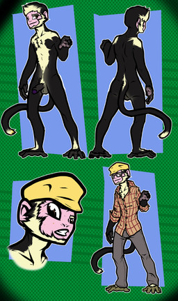 anthro balls bottomwear clothing dotted_background eyewear feet foreskin front_view genitals glasses gloves grid_layout half-erect handwear hat headgear headwear long_tail male nude off/on pants partially_retracted_foreskin pattern_background penis prehensile_feet reaching rear_view shirt simple_background solo tail toes topwear vonboche basil_h._kinsey capuchin_monkey cebid haplorhine mammal monkey new_world_monkey primate bust_portrait full-length_portrait hi_res model_sheet multiple_versions portrait